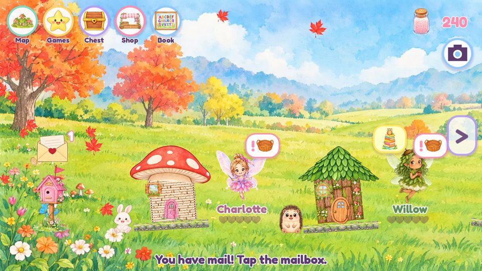 Fairies and their pets outside their mushroom and leaf houses